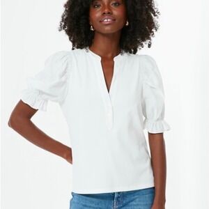 Pomander Place White Livia Puff Sleeve V Neck Top SZ  XXL Costal Minimalist